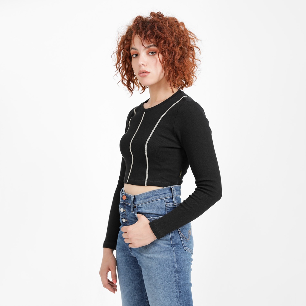 T-shirt crop côtelé femme manches longues avec flat lock