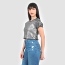 T-shirt crop côtelé femme manches courtes effet metallique