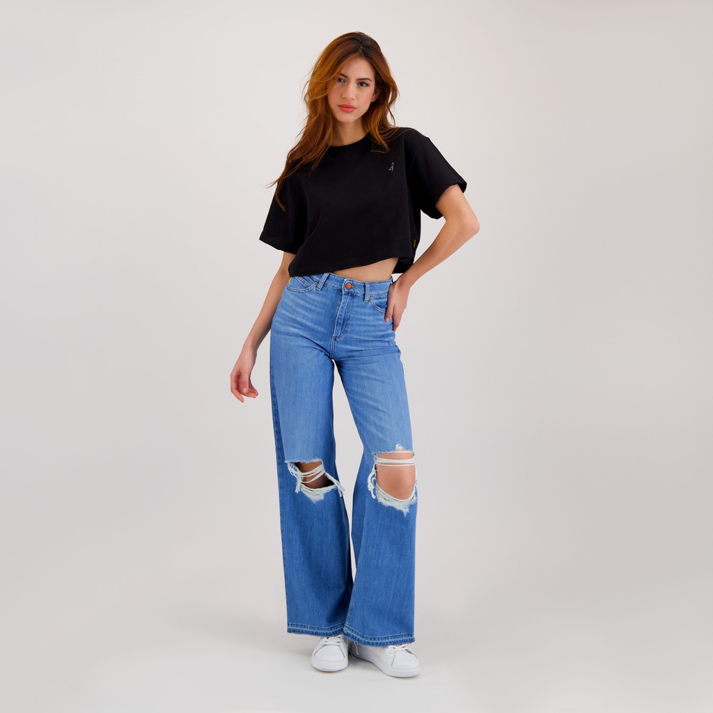 Sweat cropped femme manches courtes avec broderie