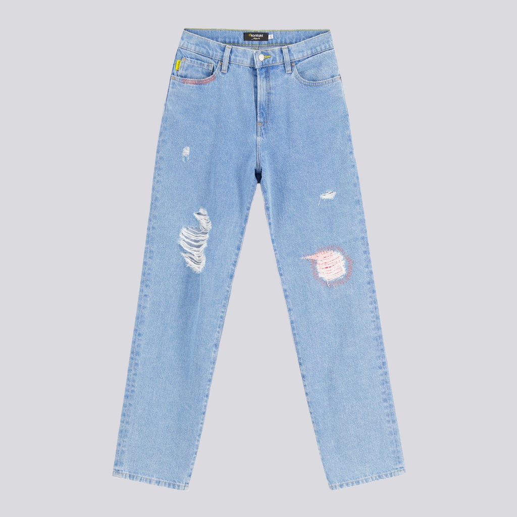 Mid-waist straight jeans femme avec patch et repair work - MADIHA