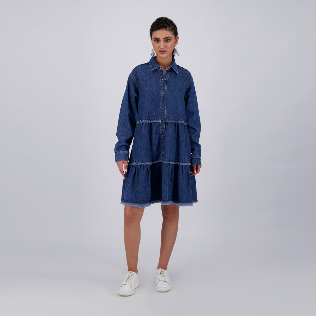 Robe chemise femme a volants en jeans- RAFLA