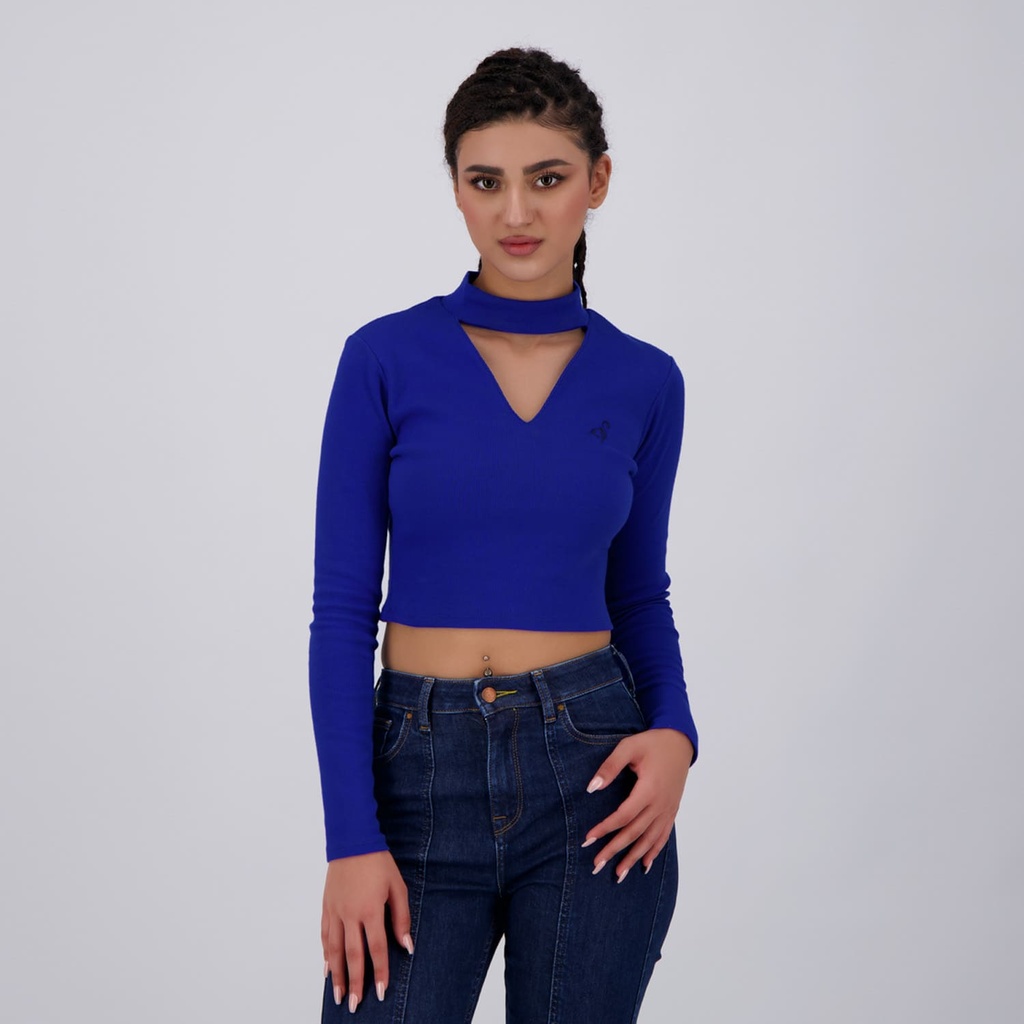 T-shirt crop côtelé femme manches longues avec détail cut out