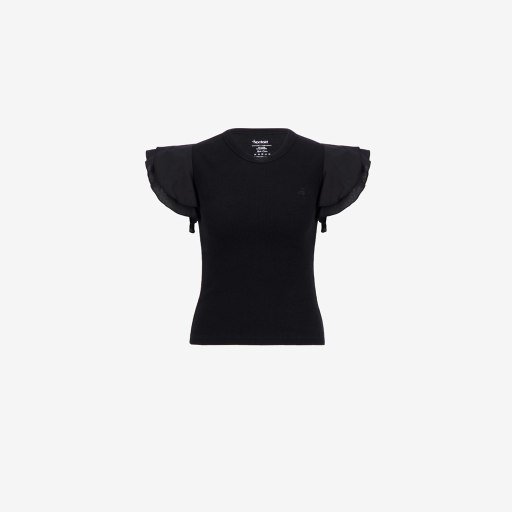 T-shirt côtelé fille manches à volant en chaine et trame