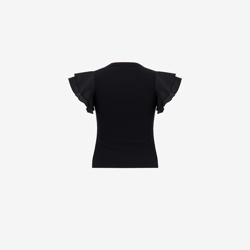 T-shirt côtelé fille manches à volant en chaine et trame
