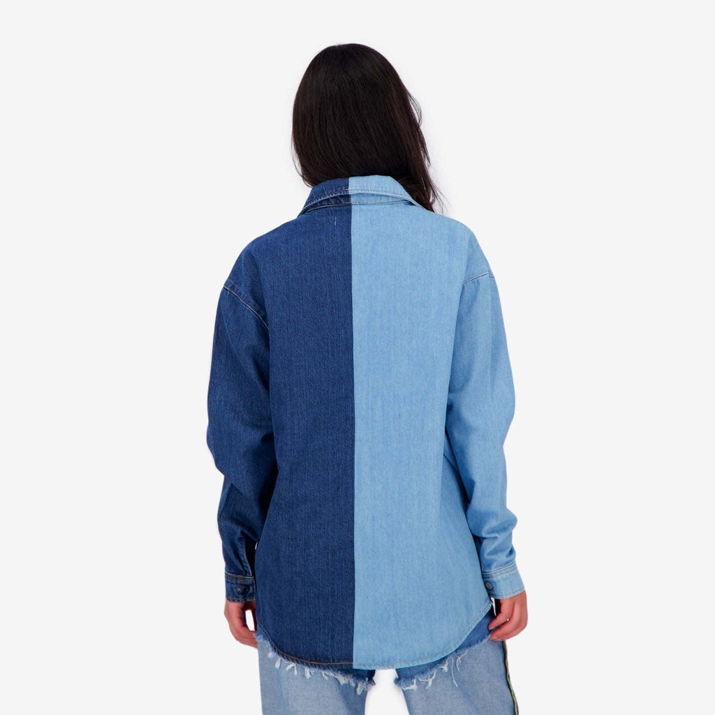 Upcycling chemise oversized femme en jeans bi-couleur - SHER V1