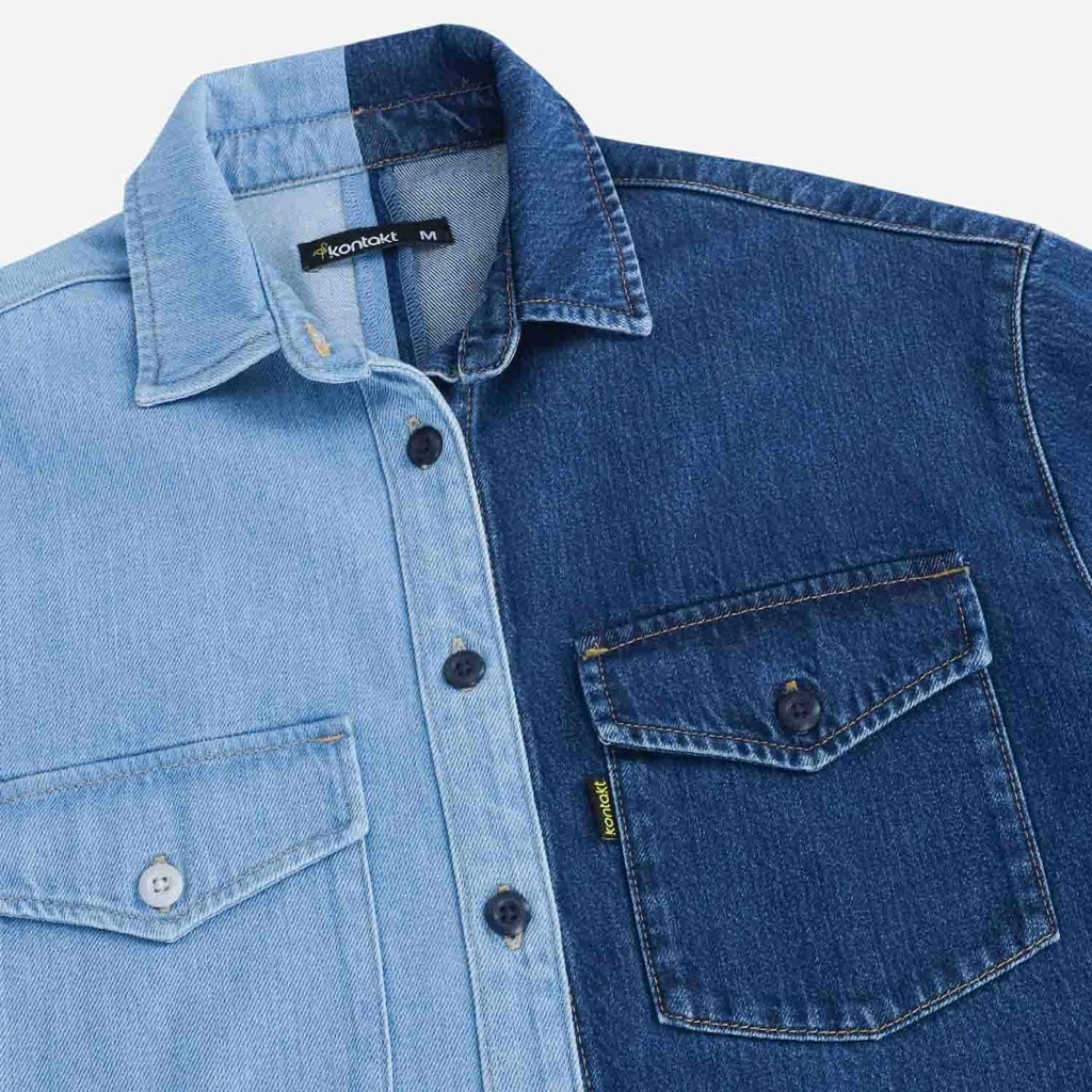 Upcycling chemise oversized femme en jeans bi-couleur - SHER V1