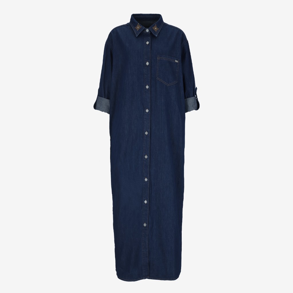 Robe chemise longue femme en jeans avec broderie
