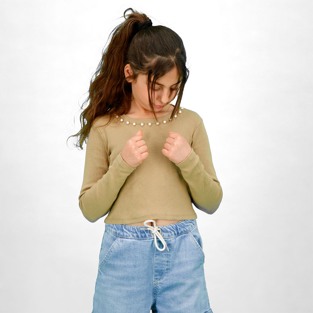 T-shirt crop fille manches longues avec perles