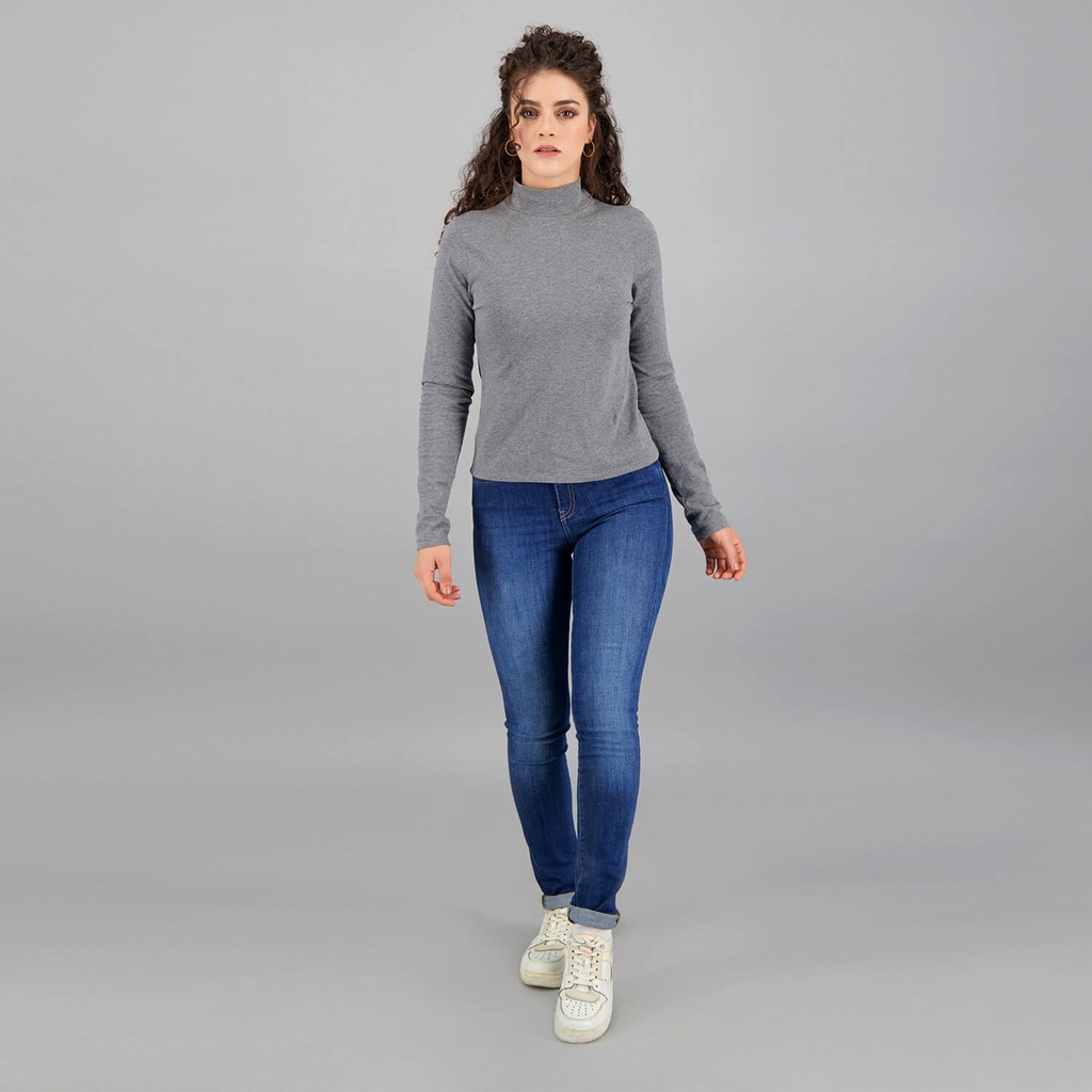 Pull col cheminée femme manches longues en jersey avec broderie