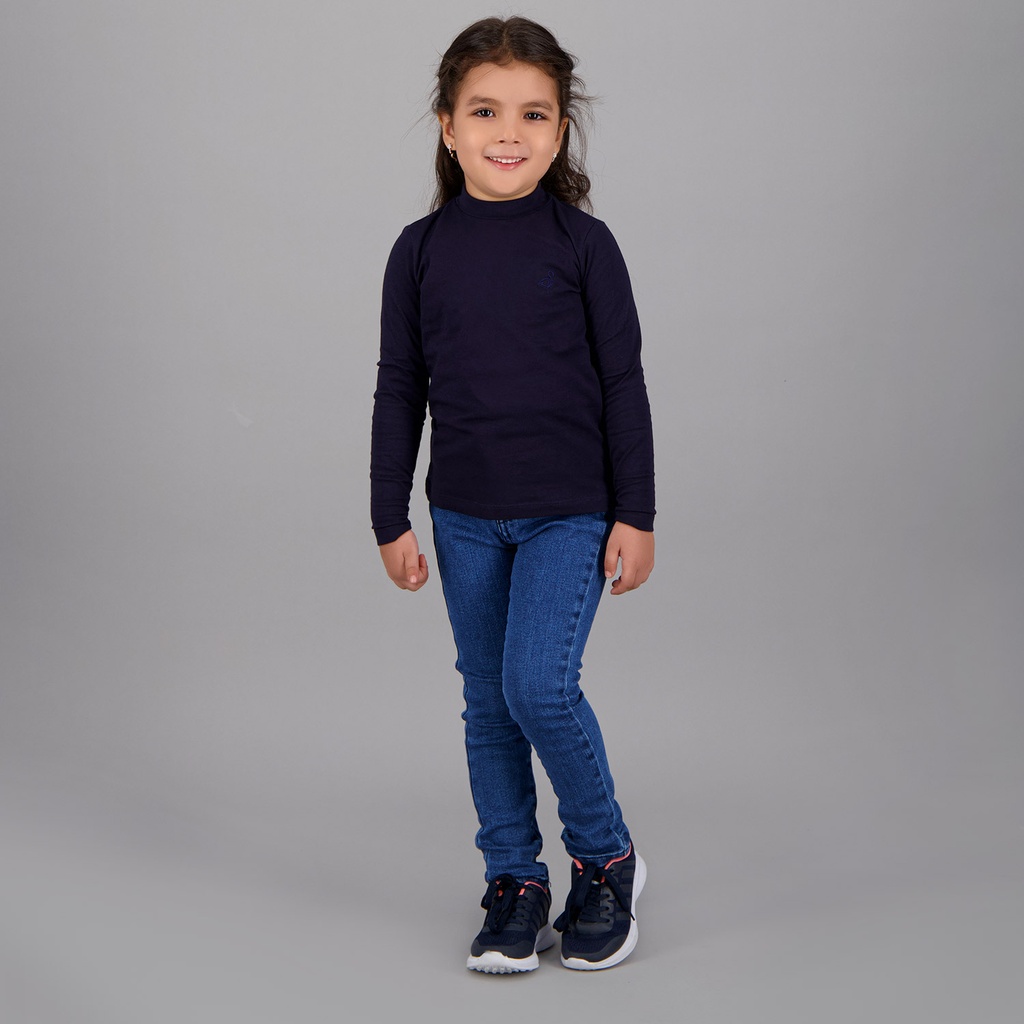 Pull col cheminée fille manches longues en jersey avec broderie