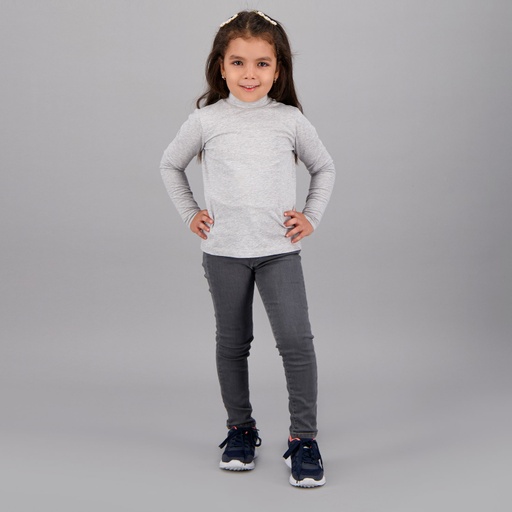 [05-010-02-406-K025-10A] Pull col cheminée fille manches longues en jersey avec broderie (Gris Chiné, 10A)