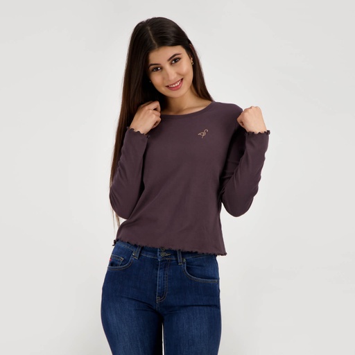 [05-010-02-416-K157-L] T-shirt femme côtelé manches longues avec broderie (L)