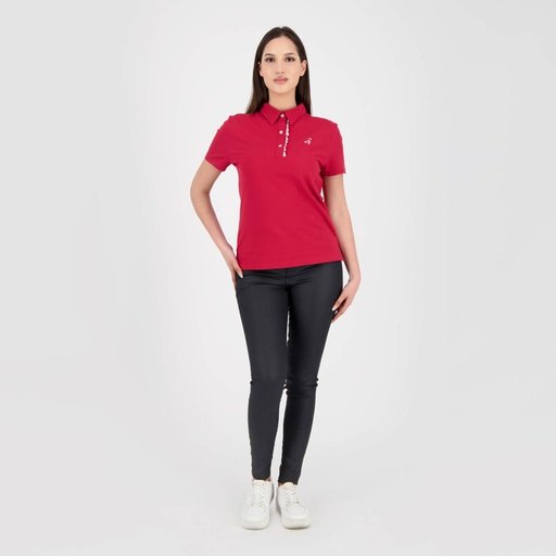 [05-010-15-030-K050-L] Polo femme manches courtes avec volant et broderie (Rouge  Bordeaux, L)