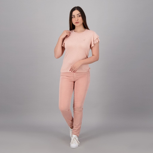 [05-010-02-441-K045-L] T-shirt femme manches courtes avec volant et broderie (Rose Clair, L)