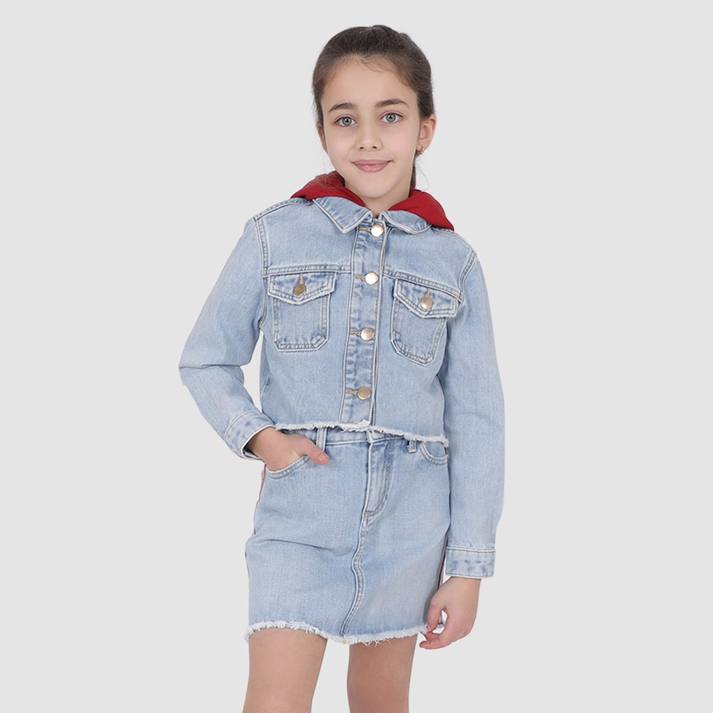 Veste crop fille en jeans avec capuche amovible