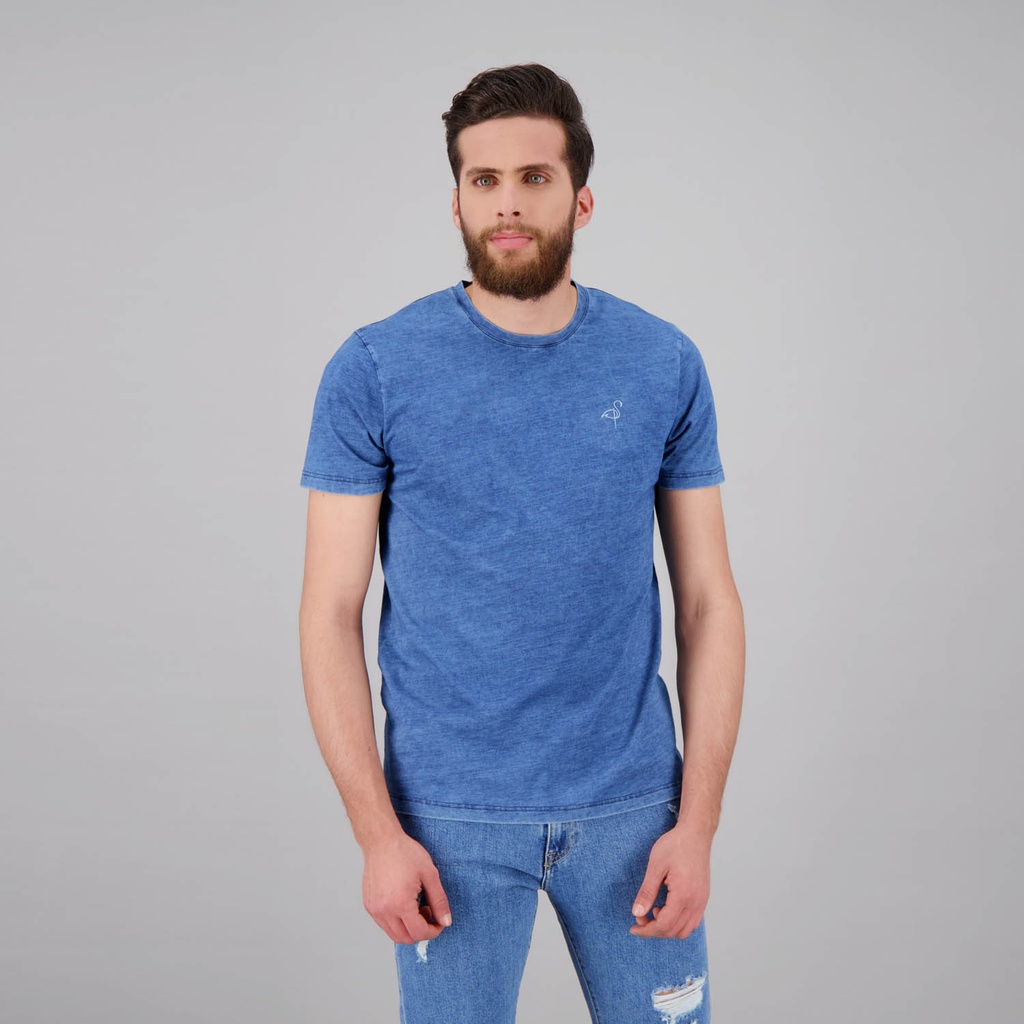 T-shirt indigo homme manches courtes  délavé avec broderie