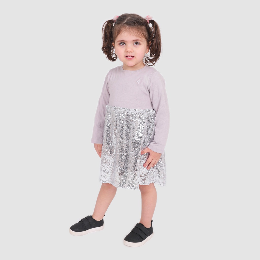 Robe bébé manches longues bi-matière avec tulle pailleté et broderie