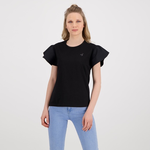 [05-010-02-479-K040-L] T-shirt femme manches courtes avec volant et broderie (Noir, L)