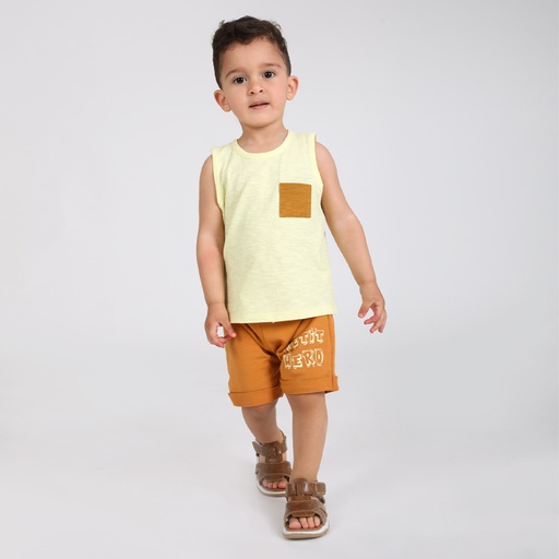 [05-010-12-090-K606-12M] Débardeur flammé bébé avec poche contrasté (Jaune Citron/Orangé, 12M)