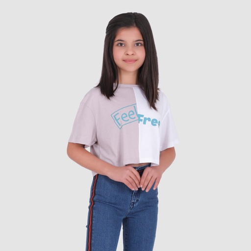 [05-010-02-482-K612-6A] T-shirt fille crop bi-couleur FEEL FREE (Vert / Blanc, 6A)