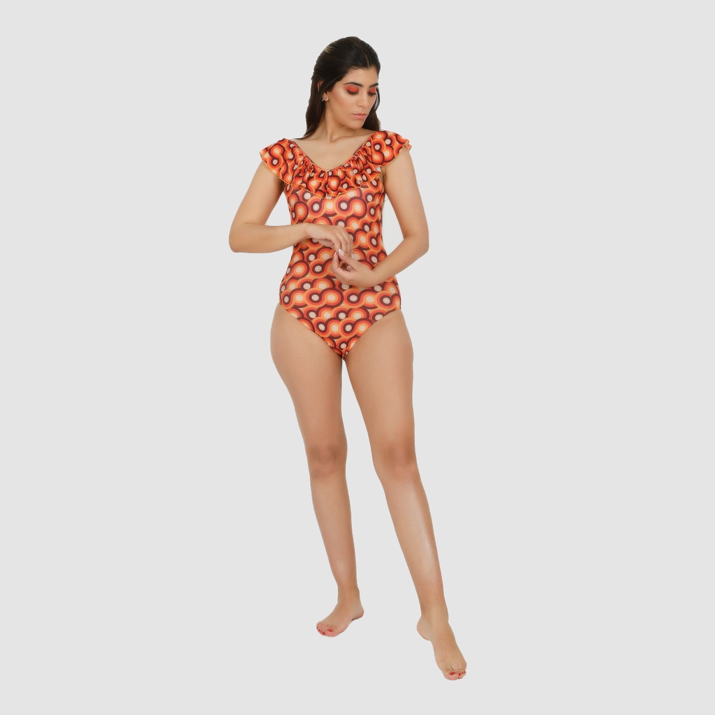 Maillot de bain femme avec volant imprimé retro earth