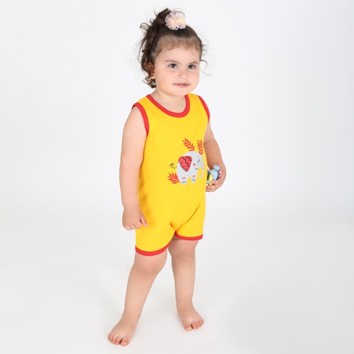 [05-010-98-005-K635-12M] Barboteuse bébé sans manche ELEPHANT (Jaune &amp; Rouge, 12M)