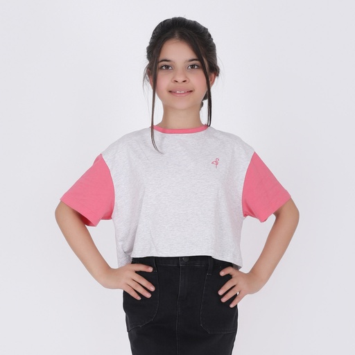 T-shirt crop fille avec manches contrastées et broderie