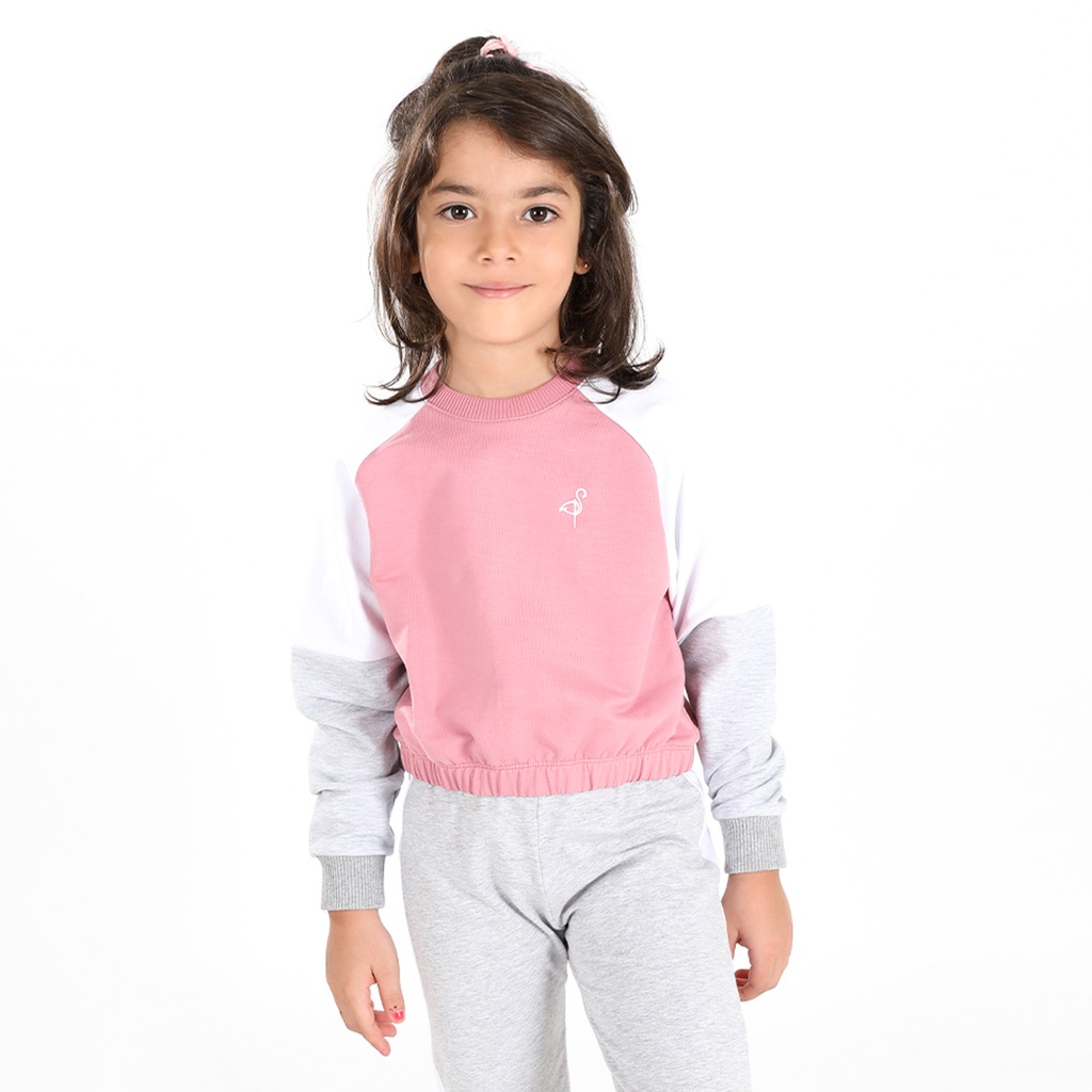 Sweat crop fille manches raglan avec découpes et broderie