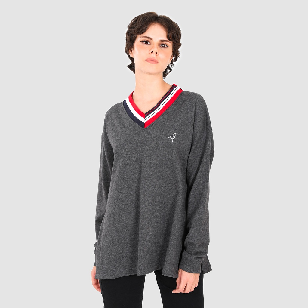 Sweat femme col v avec fente et broderie