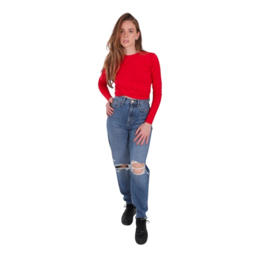 [05-010-02-143-K049-L] T-shirt femme nouée manches longues avec broderie (Rouge, L)