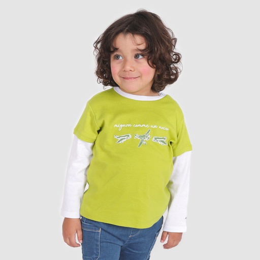 T-shirt côtelé bébé manches longues contrastées MIGNON COMME UN AVION