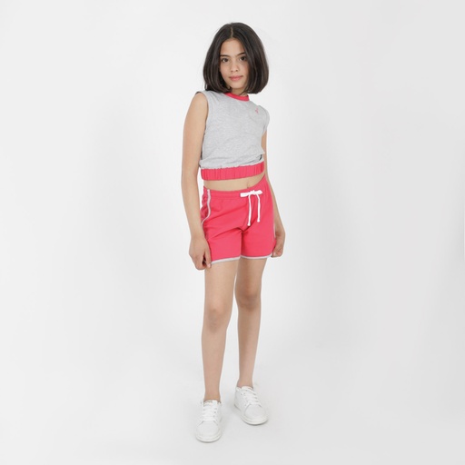 [05-010-12-129-K510-10A] Débardeur crop fille avec broderie (Gris Chiné &amp; Rose Fushia, 10A)