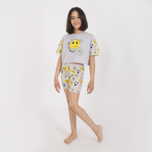 [05-010-71-016-K706-10A] Ensemble fille manches courtes contrastées imprimé smiley أضحك للدنيا (10A)
