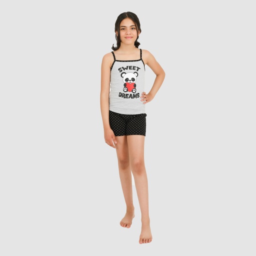 [05-010-70-009-K808-10A] Ensemble fille bretelle et short SWEET DREAMS (Gris Chiné &amp; Noir Imp Triangle, 10A)