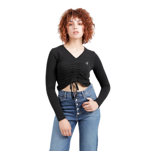 [05-010-02-263-K040-L] T-shirt femme manches longues avec cordon de serrage (Noir, L)
