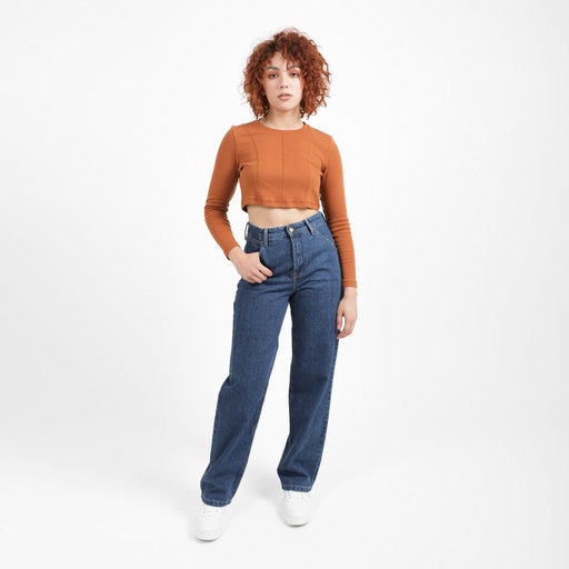 T-shirt crop côtelé femme manches longues avec flat lock