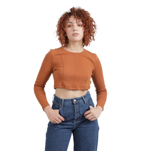 [05-010-02-264-K669-L] T-shirt crop côtelé femme manches longues avec flat lock (Caramel, L)