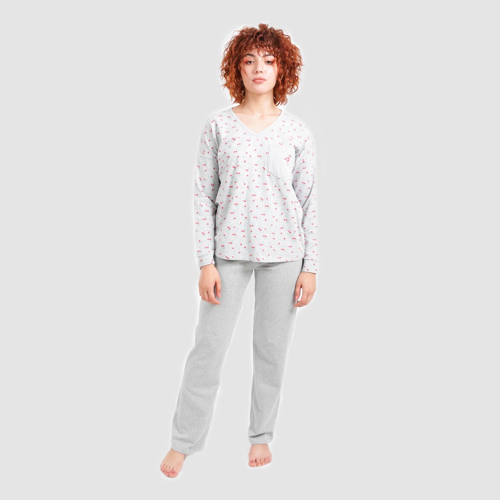 Pyjama femme col V manches longues avec poche