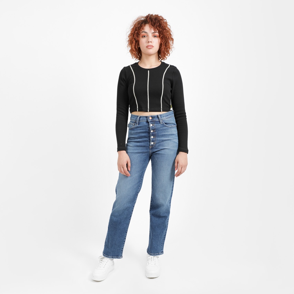 T-shirt crop côtelé femme manches longues avec flat lock