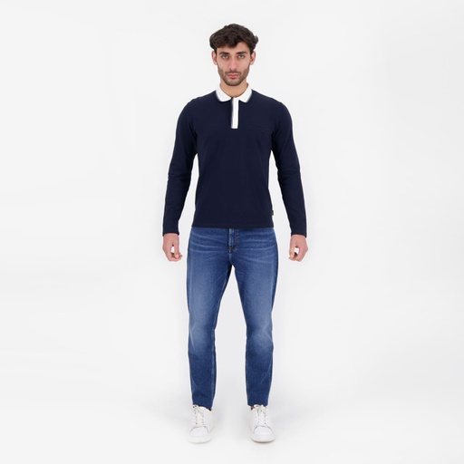 [05-010-15-015-K015-L] Polo homme manches longues avec poche passepoilée (Bleu Marine, L)
