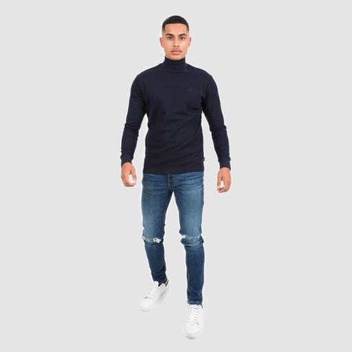 [05-010-02-289-K015-L] T-shirt homme col cheminé avec broderie (Bleu Marine, L)