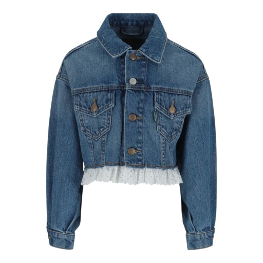 [01-010-10-056-K490-10-12ANS] Cropped jacket fille en jeans avec broderie anglaise (Jeans Bleu foncé, 10-12A)