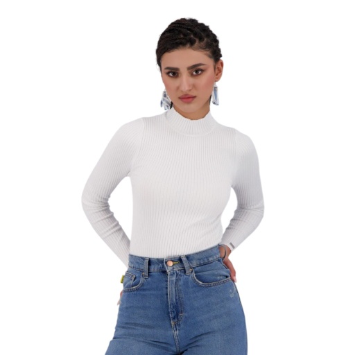 [05-010-03-061-K000-L] Body femme col cheminé en maille fine (Blanc, L)