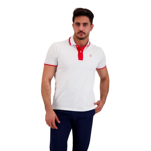 [05-010-15-058-K000-L] Polo homme manches courtes avec broderie et patte contrasté (Blanc, L)