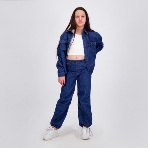 [01-010-09-075-K419-10-12A] Chemise oversized fille en jeans avec broderie sur le col (Jeans Bleu Moyen, 10/12 A)