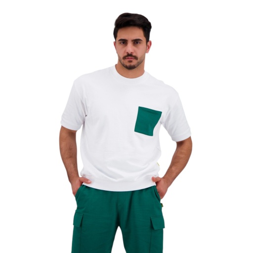 [05-010-36-147-K628-M] Sweat homme manches courtes avec poche plaquée (Blanc &amp; Vert, M)