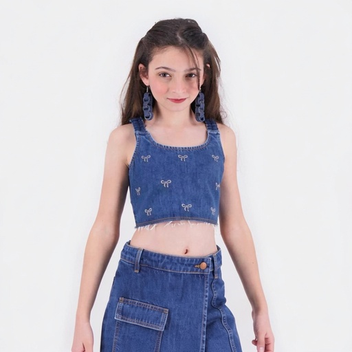 [01-010-59-014-K419-10-12A] Top fille en jeans avec broderie papillon (10/12 A)