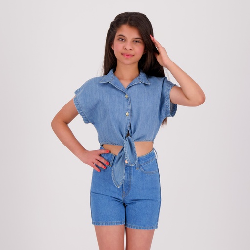 Chemise fille sans manches avec nœud en jeans