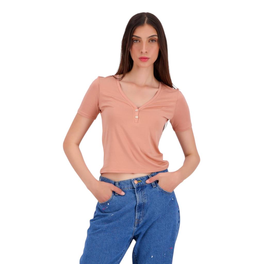 T-shirt femme manches courtes col tunisien