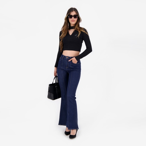 [05-010-02-624-K040-L] T-shirt crop côtelé femme manches longues avec détail cut out (Noir, L)